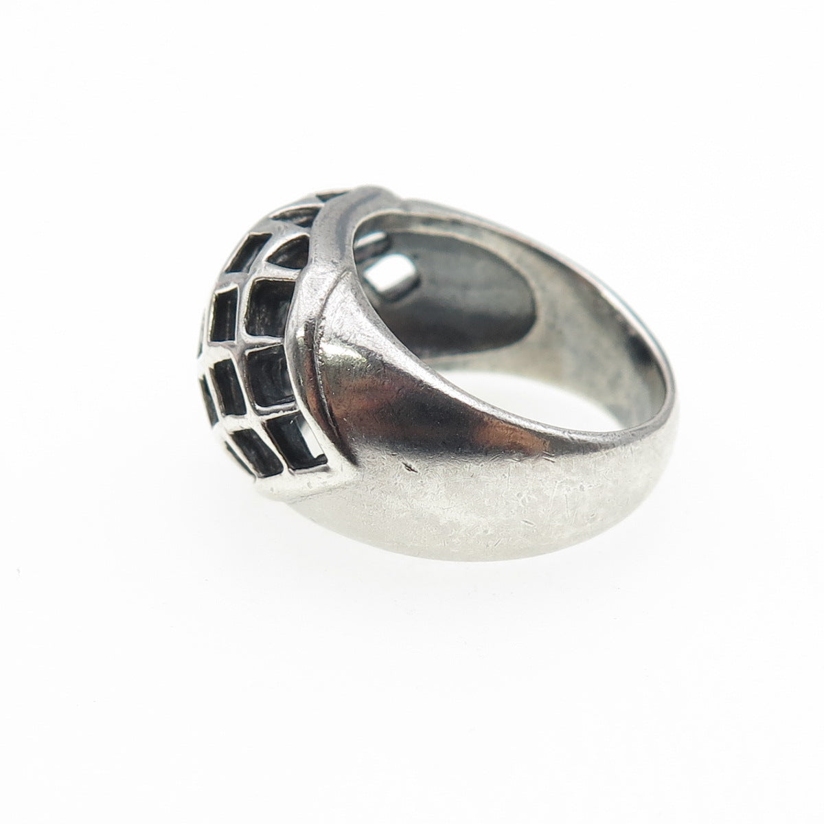 925 Sterling Silver Vintage Modernist Cage Dome Oxidized Ring Size 6.75