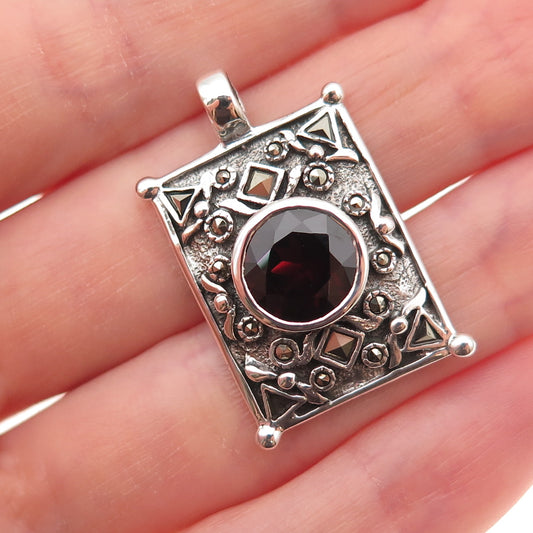 925 Sterling Silver Vintage Real Red Garnet & Marcasite Oxidized Charm Pendant
