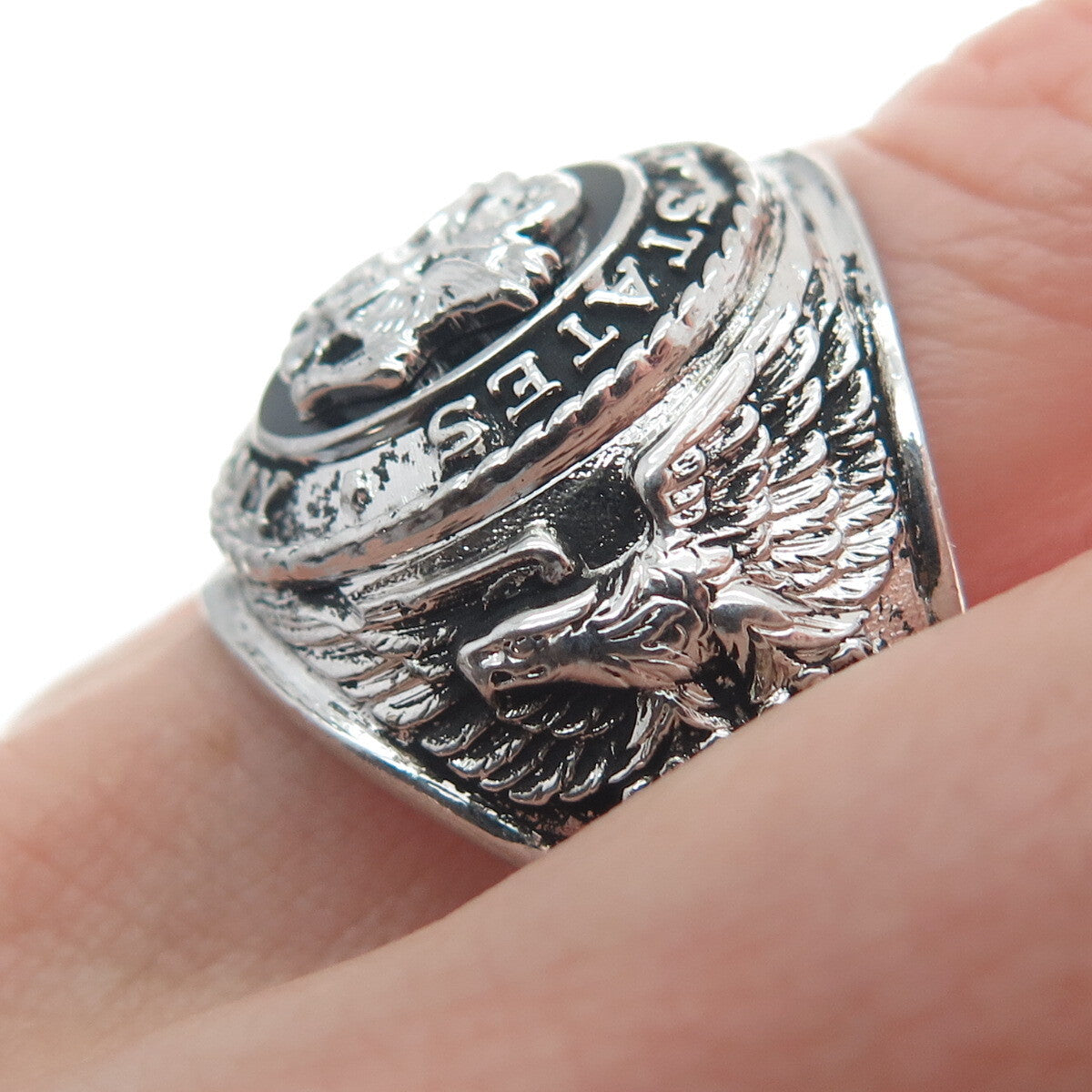 925 Sterling Silver Vintage Enamel US Army Sign Wide Ring Size 10.5