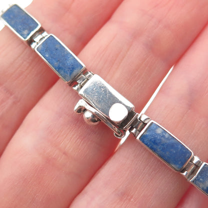 950 Silver Vintage Real Lapis Lazuli Bar Panel Link Bracelet 7"