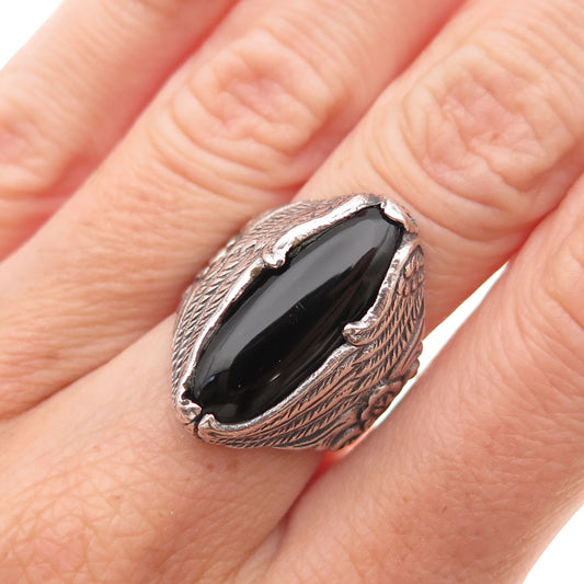 925 Sterling Silver Vintage Real Black Onyx Angel Wings Floral Ring Size 6.5