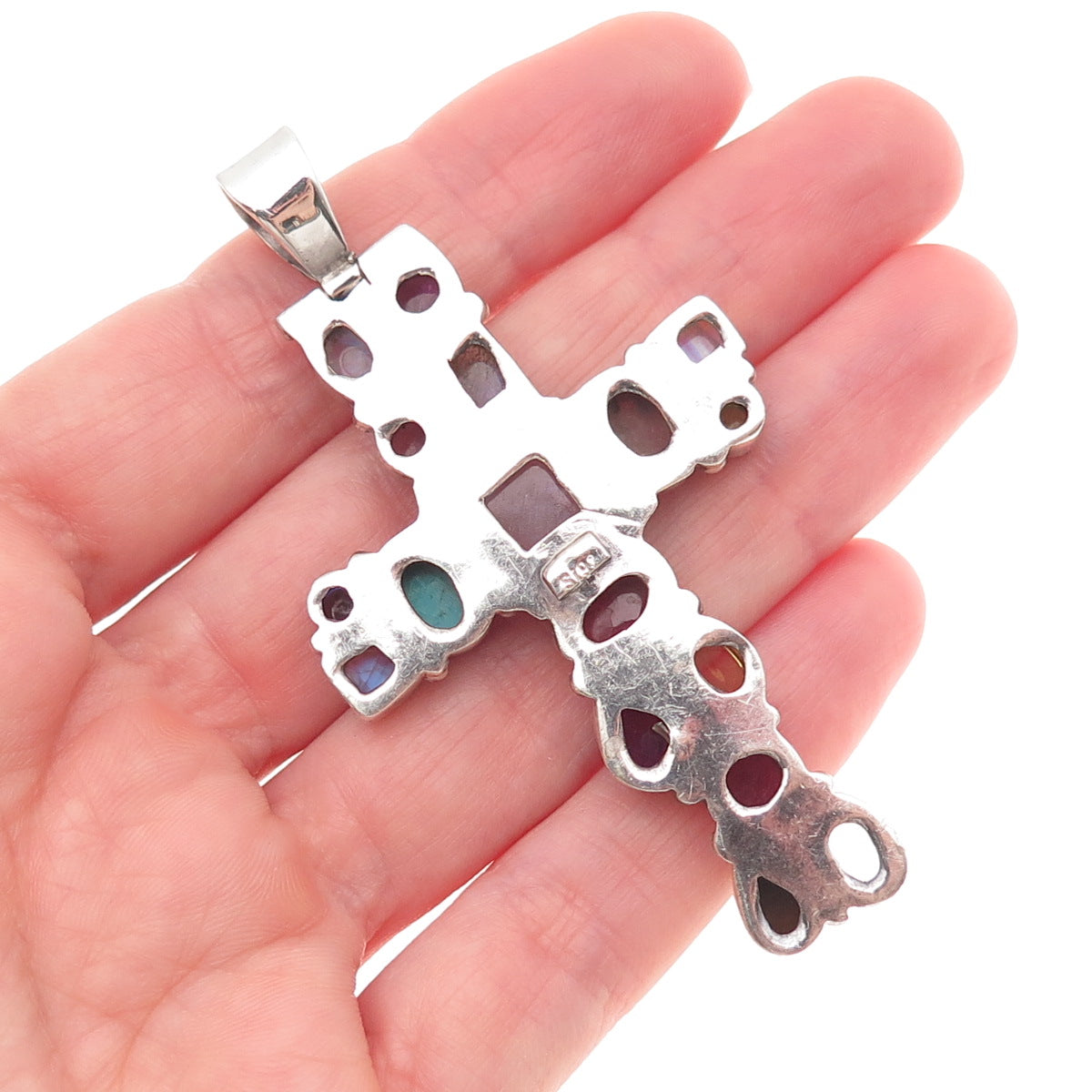 Sajen Sterling Silver Vintage Real Tourmaline Moonstone Turquoise Cross Pendant