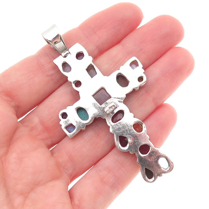 Sajen Sterling Silver Vintage Real Tourmaline Moonstone Turquoise Cross Pendant
