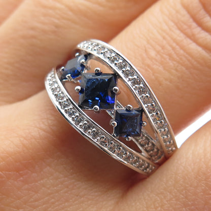925 Sterling Silver Lab-Created Sapphire & Round-Cut C Z Ring Size 11.25