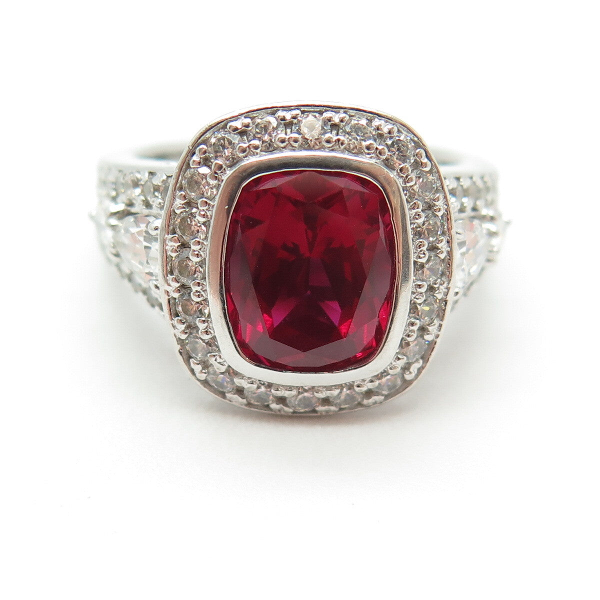 925 Sterling Silver Lab-Created Ruby & C Z Ring Size 8.25