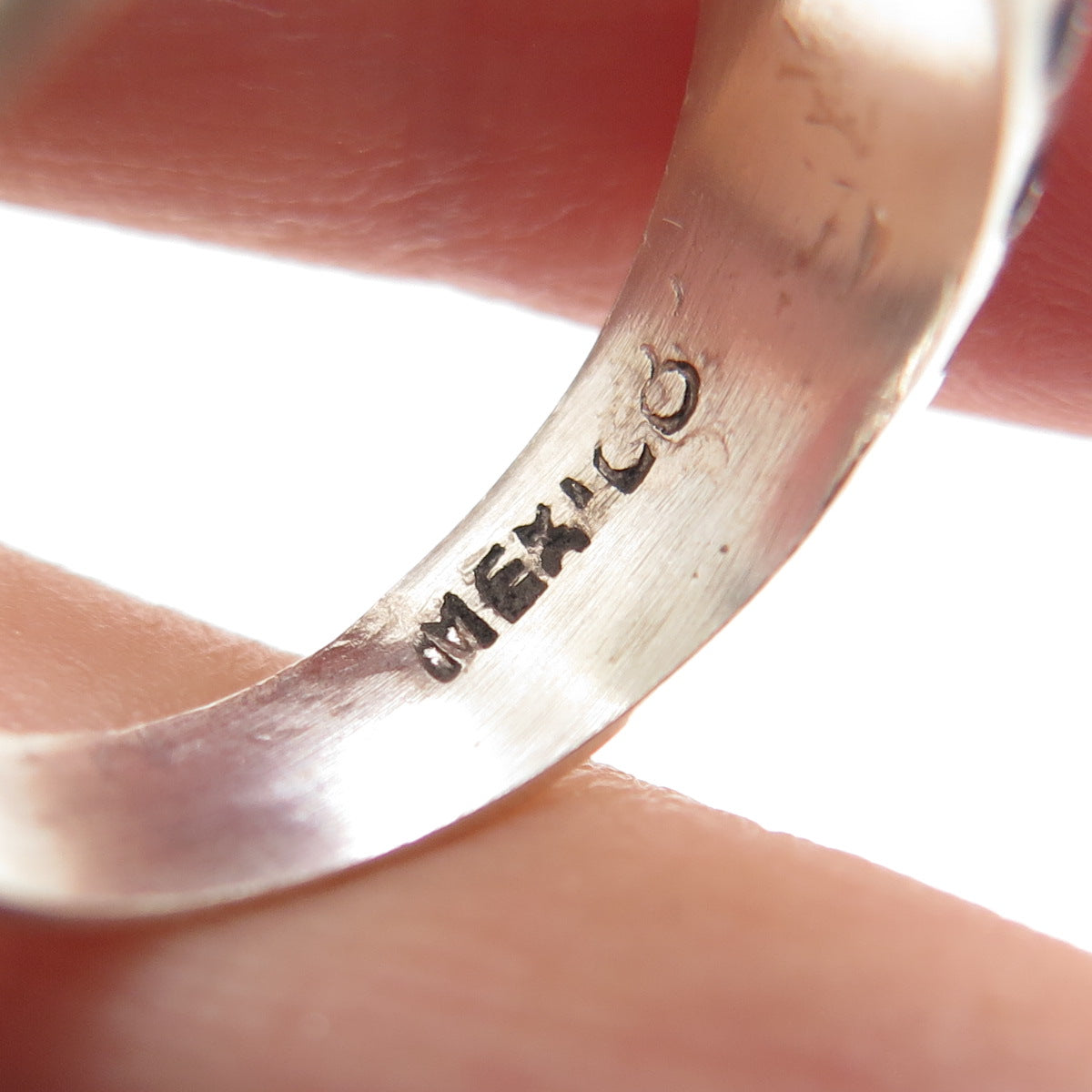 925 Sterling Silver Vintage Mexico Turquoise Inlay Ribbed Band Ring Size 6.5