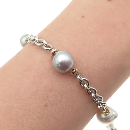 925 Sterling Silver 14K Gold Vintage Real Pearl By The Yard Bracelet 7.75"