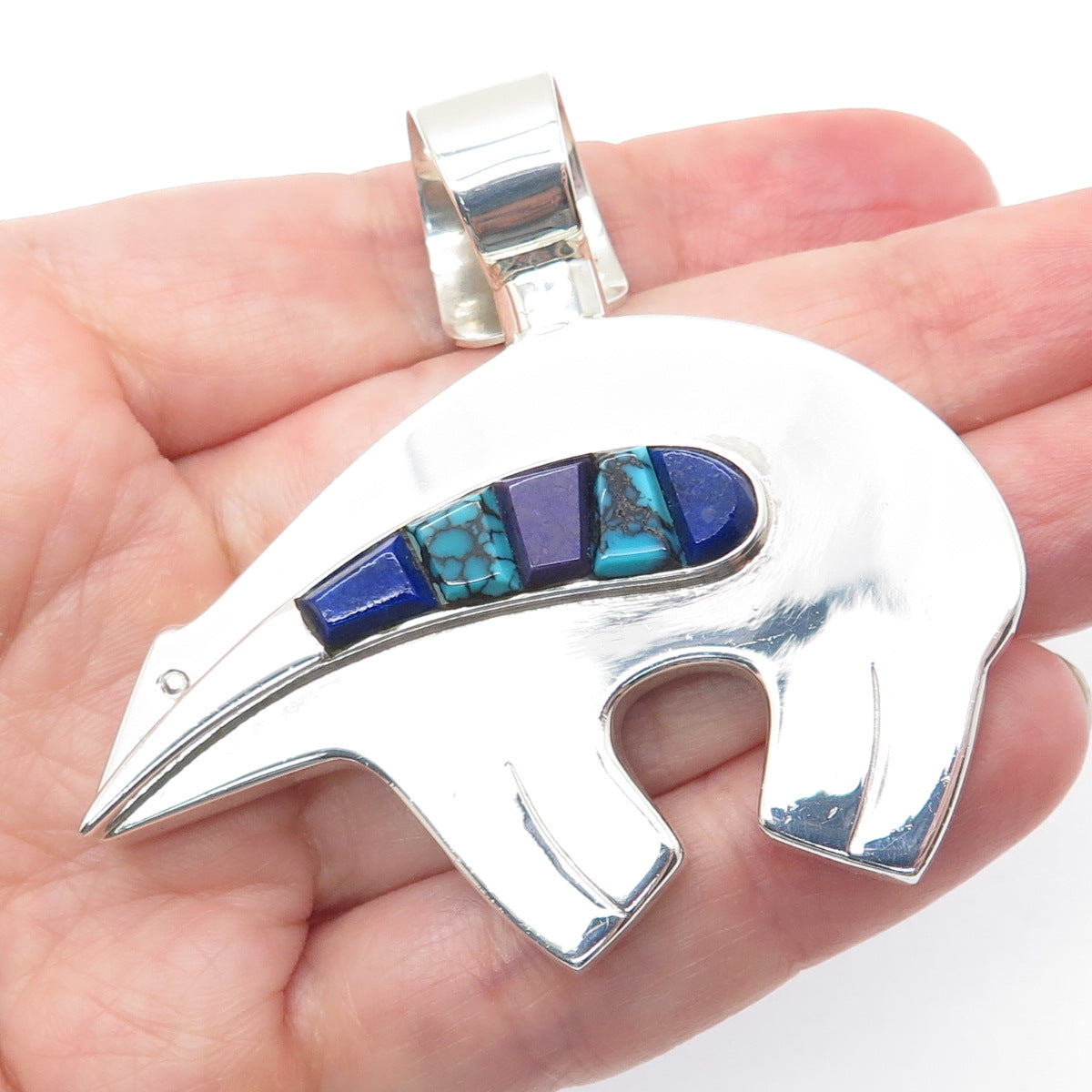 CHRISTIN WOLF Old Pawn 925 Sterling Turquoise Lapis Sugilite Native Bear Pendant