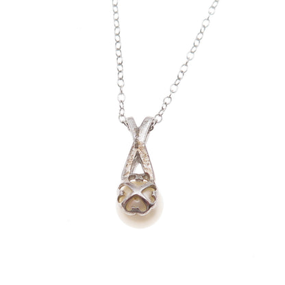 925 Sterling Silver Real Round-Cut Diamond & Pearl Cable Chain Necklace 18"