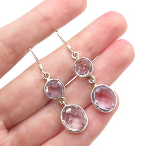 925 Sterling Silver Vintage Real Round & Oval-Cut Amethyst Dangle Earrings