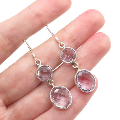 925 Sterling Silver Vintage Real Round & Oval-Cut Amethyst Dangle Earrings