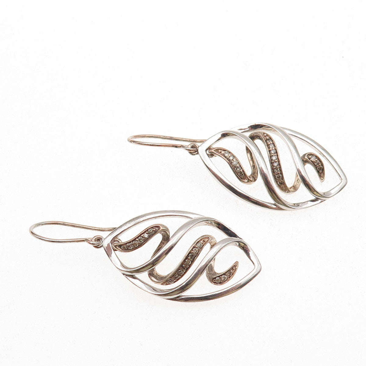 925 Sterling Silver Real Round-Cut Diamond Petal Dangle Earrings