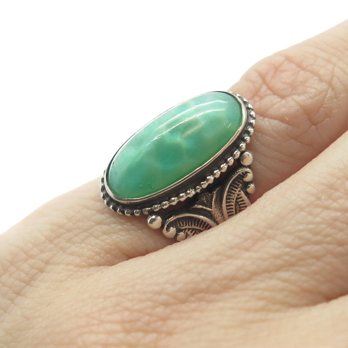 925 Sterling Silver Antique Art Deco Faux Turquoise Oxidized Ring Size 3.75