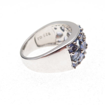 925 Sterling Silver Real Pear & Round-Cut Tanzanite Floral Ring Size 8