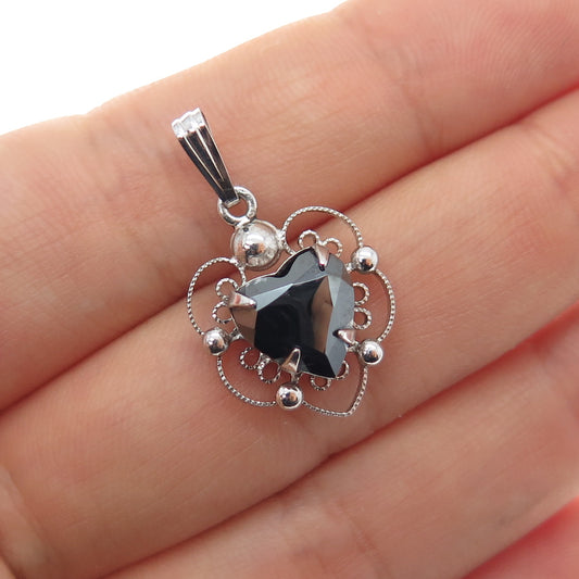 SORRENTO Sterling Silver Antique Art Deco Real Hematite Filigree Heart Pendant