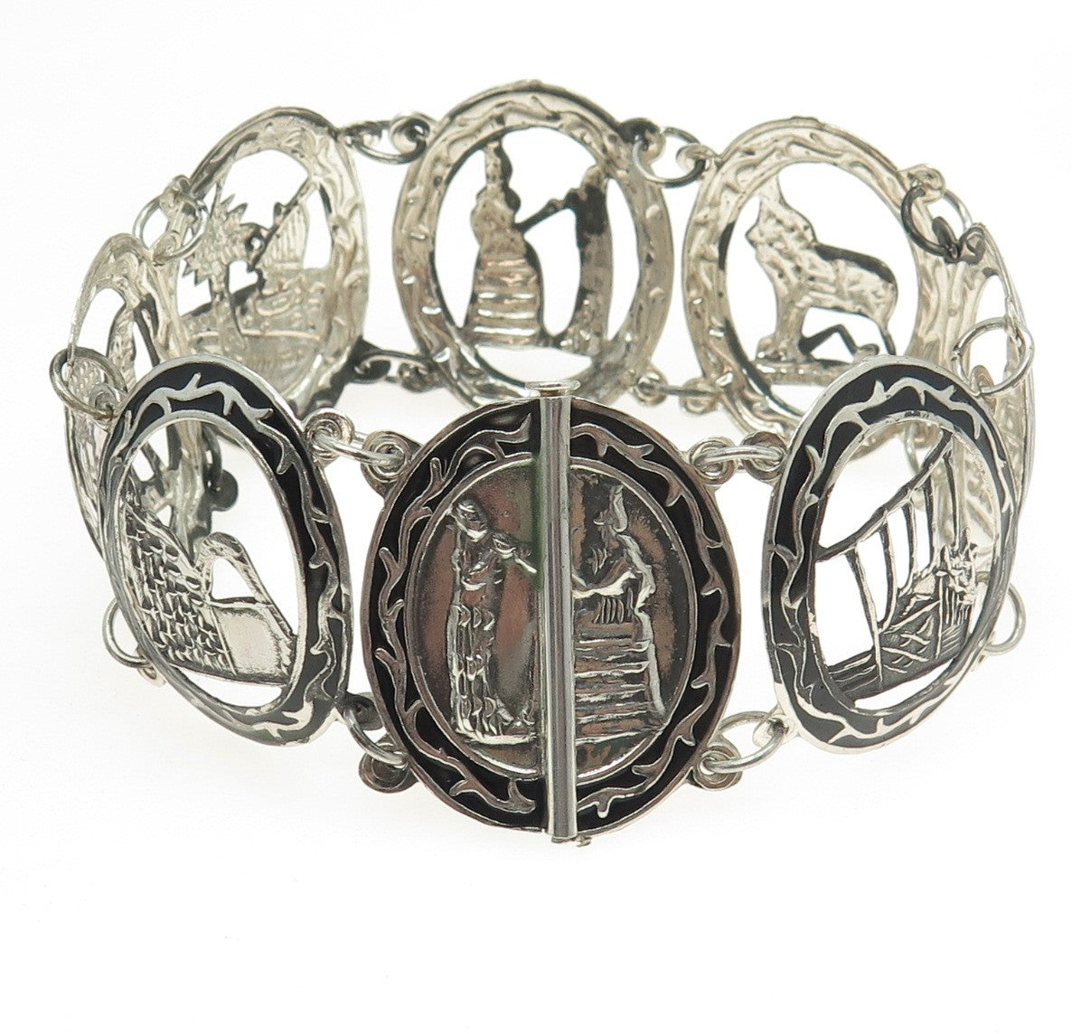 925 Sterling Silver Antique Enamel Ancient Storyteller Panel Link Bracelet 7.75"