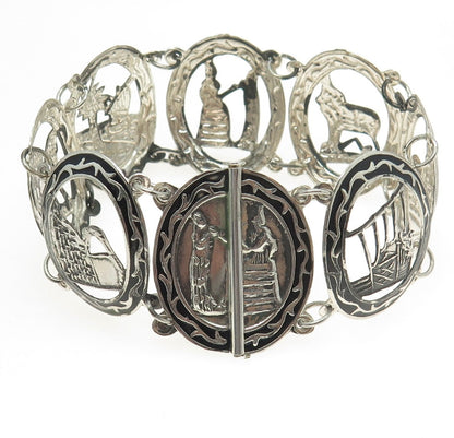 925 Sterling Silver Antique Enamel Ancient Storyteller Panel Link Bracelet 7.75"