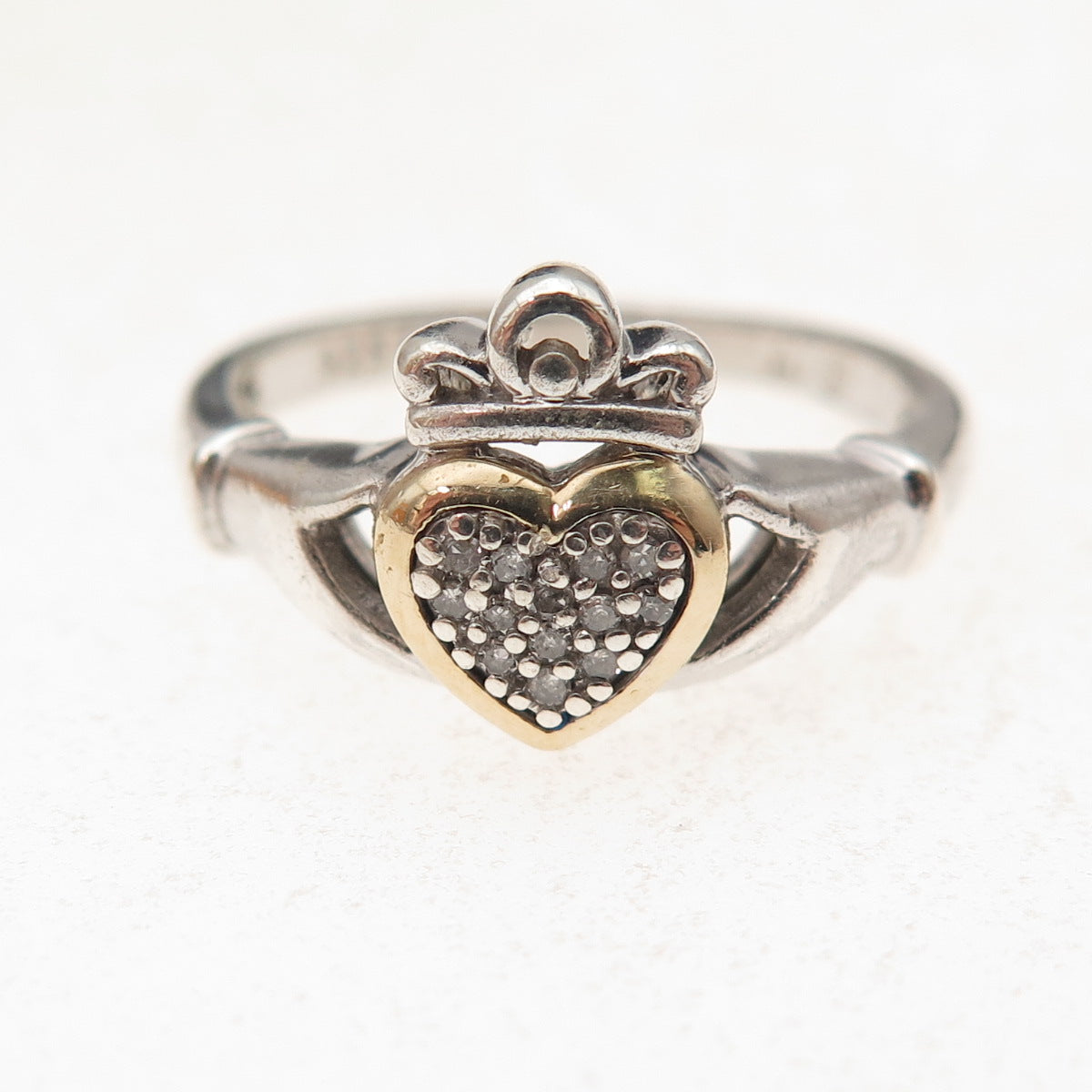 Alwand Vahan Sterling Silver 14K Gold Real Diamond Irish Claddagh Ring Size 7