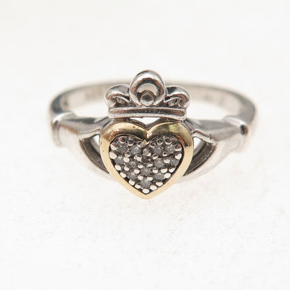 Alwand Vahan Sterling Silver 14K Gold Real Diamond Irish Claddagh Ring Size 7