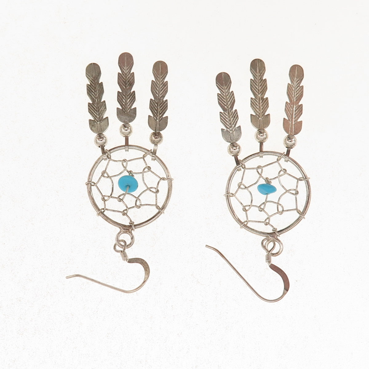 Old Pawn 925 Sterling Silver Vintage Turquoise Dreamcatcher Dangle Earrings