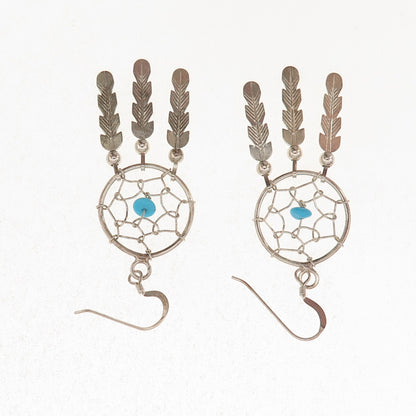 Old Pawn 925 Sterling Silver Vintage Turquoise Dreamcatcher Dangle Earrings