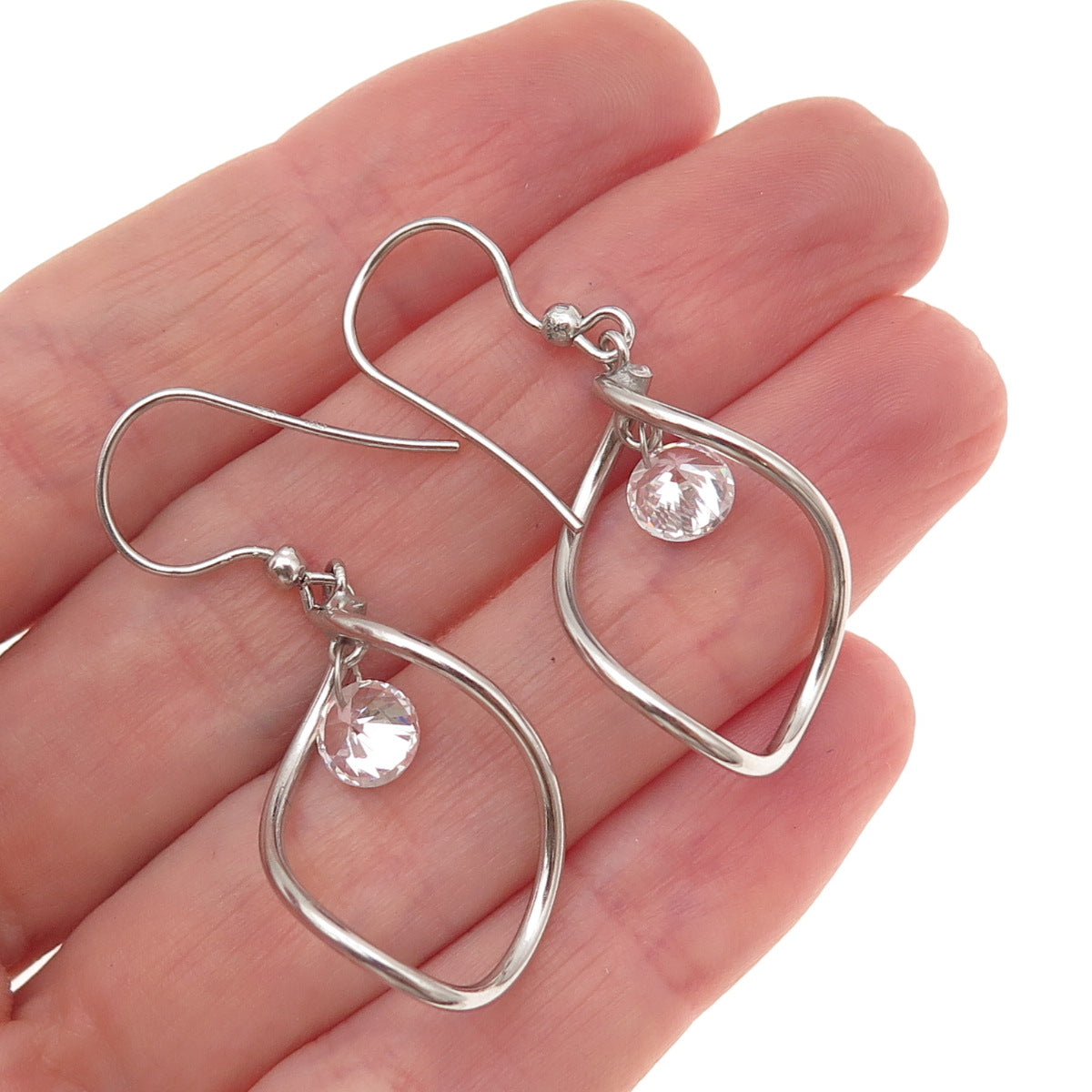 925 Sterling Silver Vintage Italy Round-Cut C Z Modernist Petal Dangle Earrings
