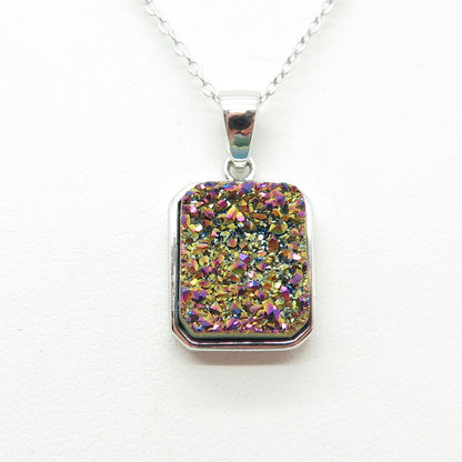 925 Sterling Silver Real Multi-Color Druzy Cable Chain Necklace 18"