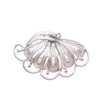 925 Sterling Silver Vintage Modernist Fan Filigree Pin Brooch