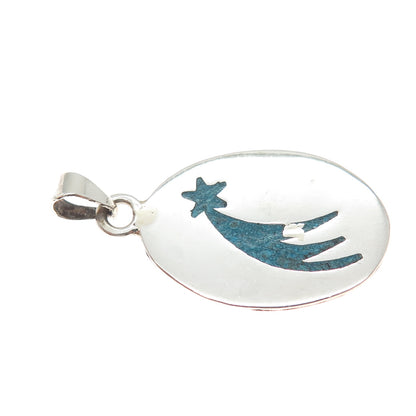 925 Sterling Silver Vintage Mexico Real Turquoise Inlay Falling Star Pendant