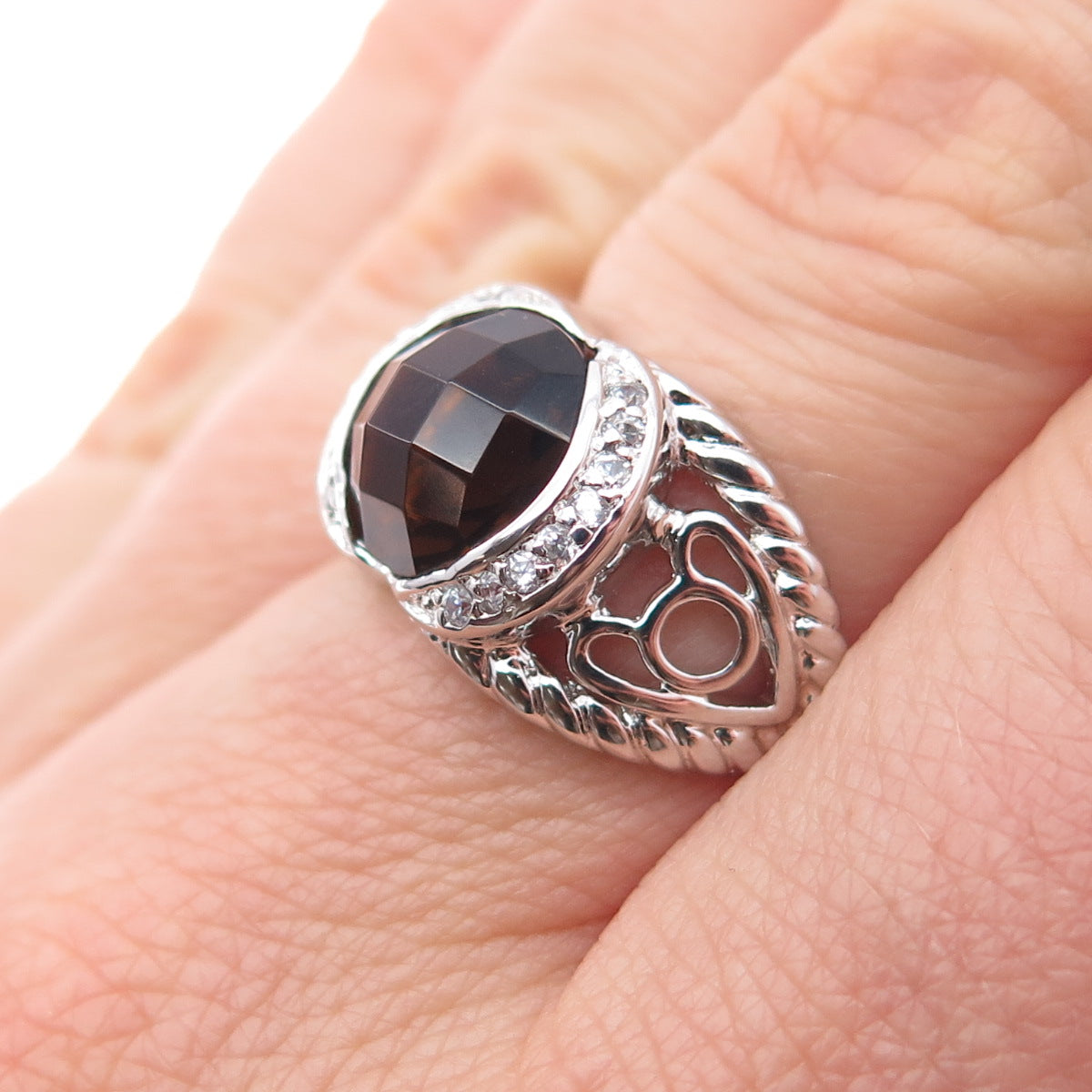 925 Sterling Silver Real Smoky Quartz & C Z Crisscross Ring Size 7