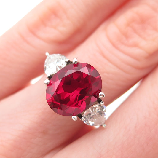 925 Sterling Silver Vintage Lab-Created Ruby & C Z Ring Size 6
