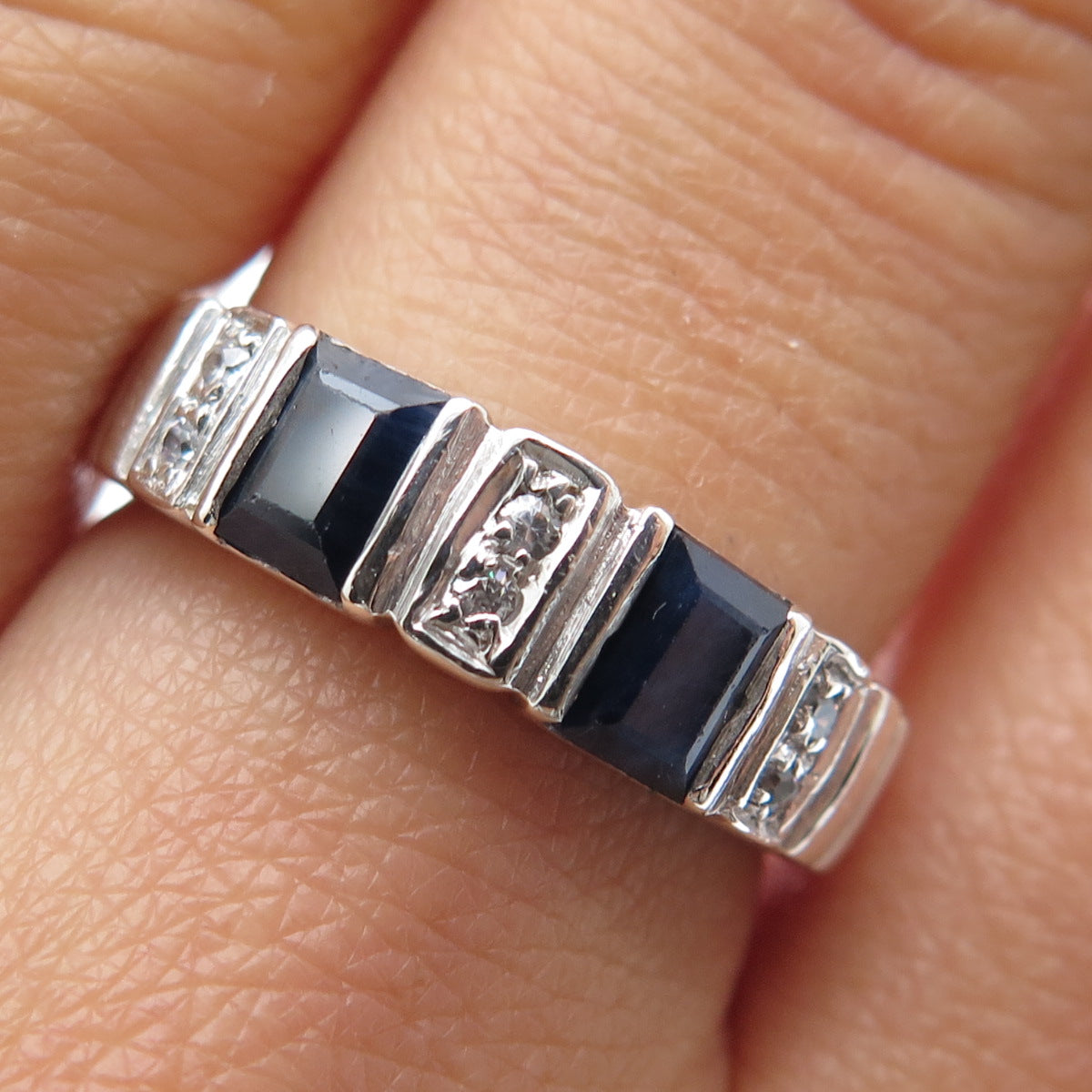 925 Sterling Silver Real Round-Cut White Topaz Emerald-Cut Sapphire Ring Size 8