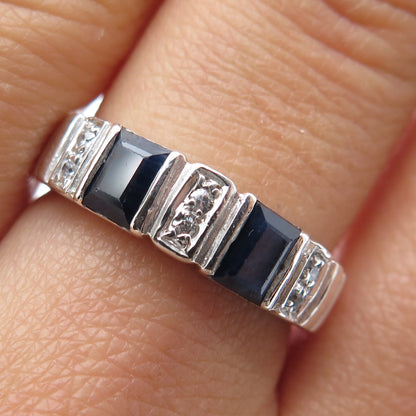 925 Sterling Silver Real Round-Cut White Topaz Emerald-Cut Sapphire Ring Size 8