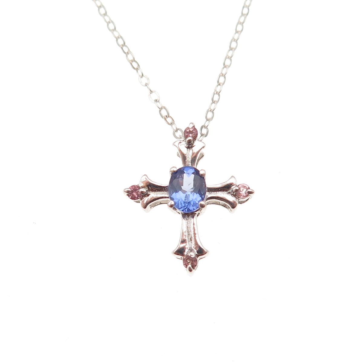 Chuck Clemency 925 Sterling Silver Real Tanzanite & Amethyst Cross Necklace 20"