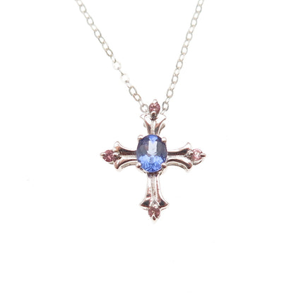 Chuck Clemency 925 Sterling Silver Real Tanzanite & Amethyst Cross Necklace 20"