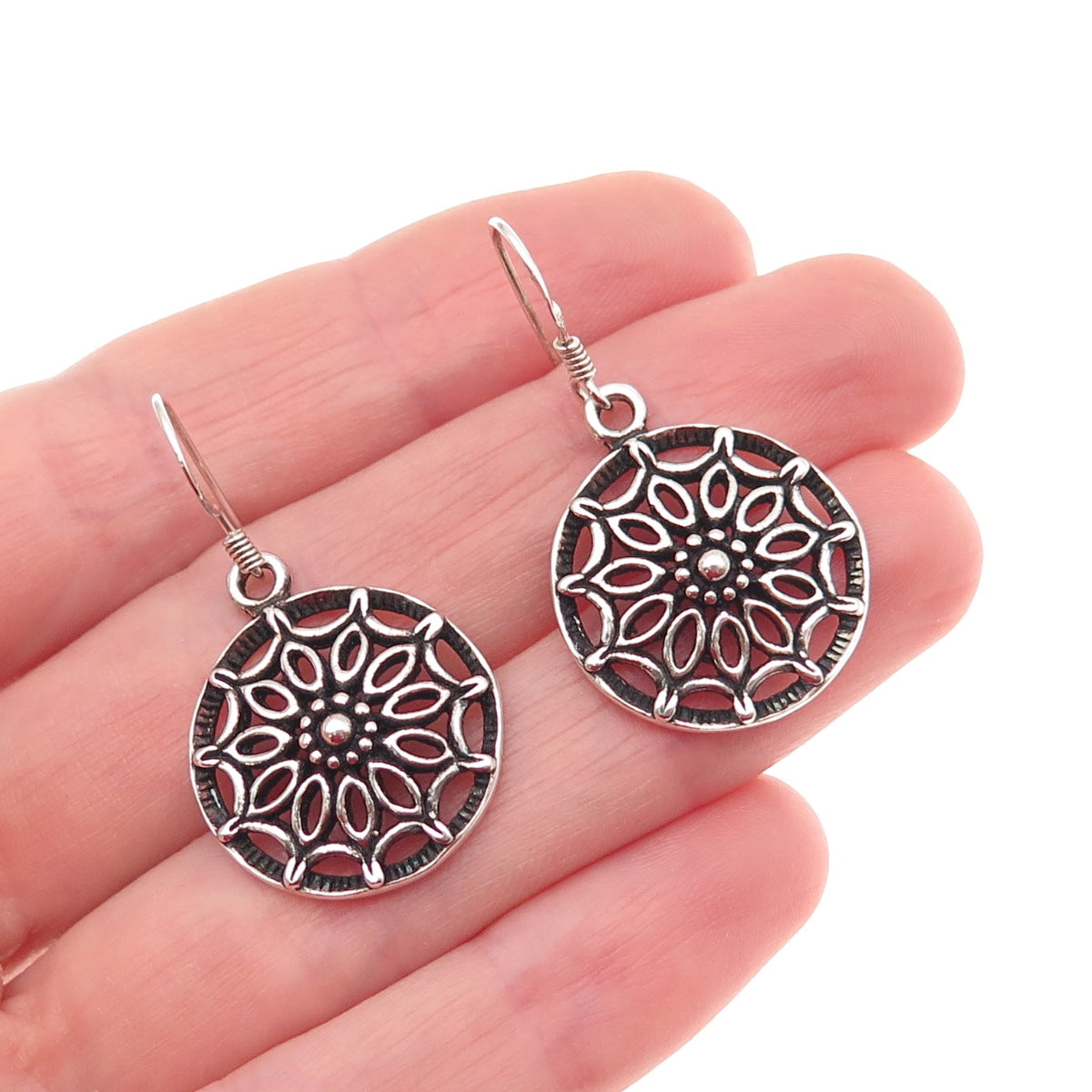 925 Sterling Silver Vintage Floral Oxidized Dangle Earrings
