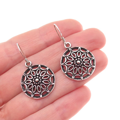925 Sterling Silver Vintage Floral Oxidized Dangle Earrings