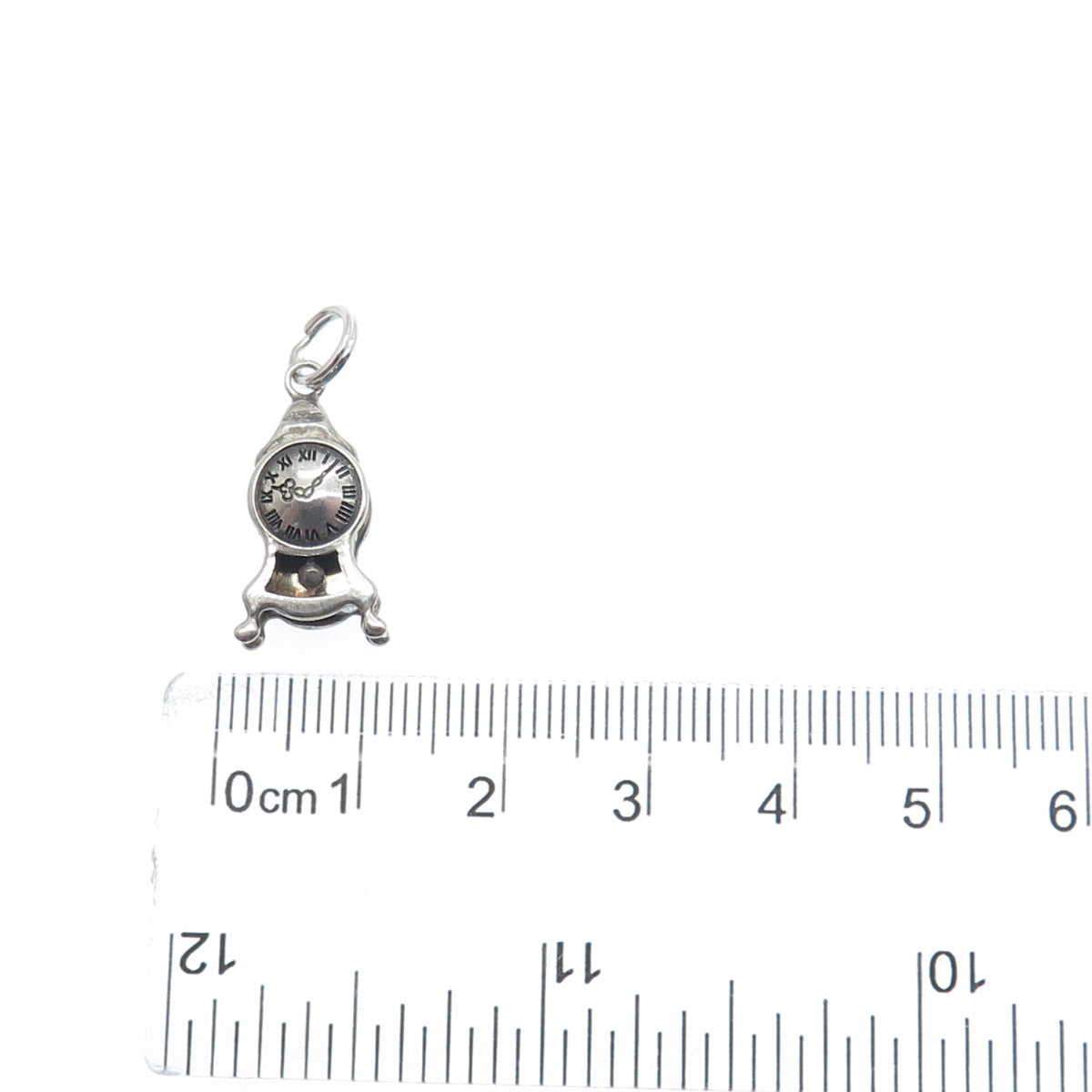 800 Silver Antique Retro Mantle Clock Oxidized Minimalist 3D Charm Pendant
