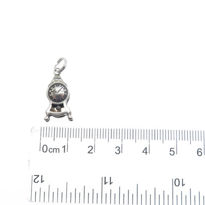 800 Silver Antique Retro Mantle Clock Oxidized Minimalist 3D Charm Pendant
