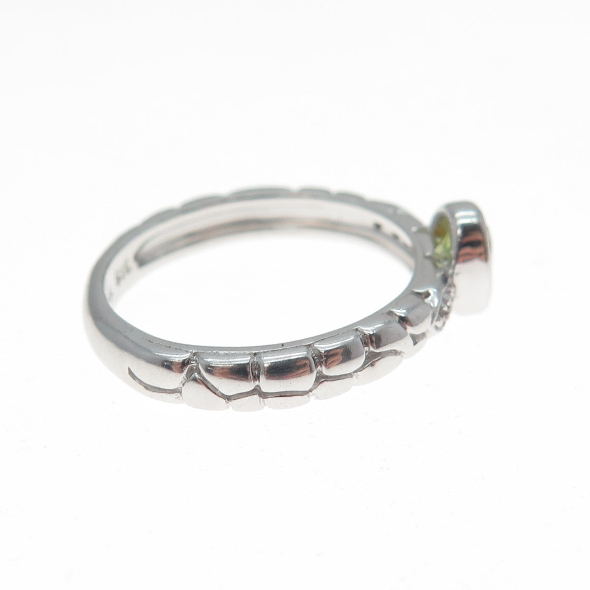 925 Sterling Silver SMK Real Round-Cut Diamond & Peridot Gem Ring Size 6.75