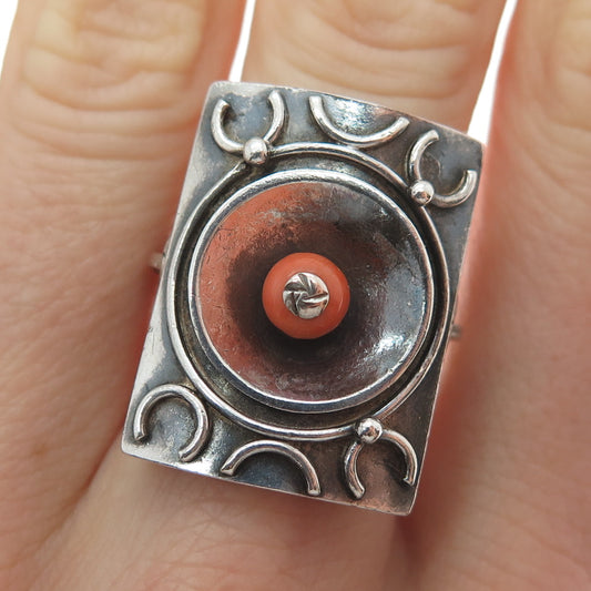 900 Silver Vintage Real Coral Modernist Oxidized Ring Size 6.5