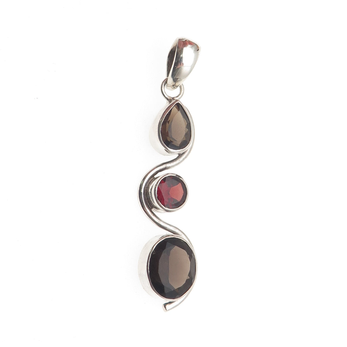 925 Sterling Silver Vintage Real Smoky Quartz & Red Garnet Wavy Charm Pendant