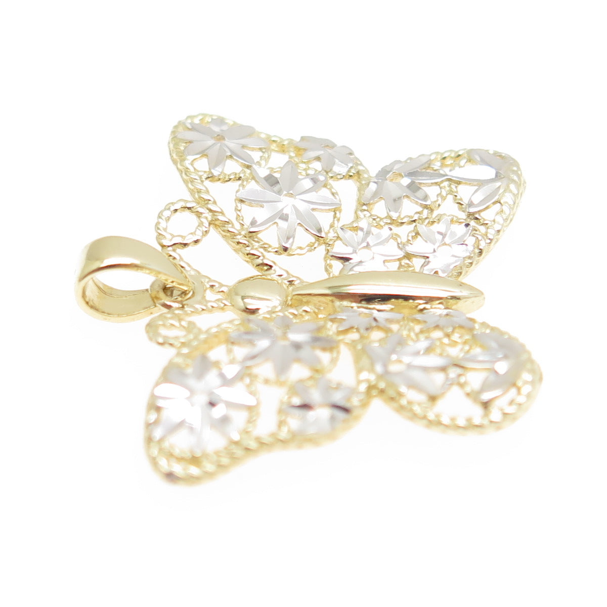 14K Yellow & White Gold Diamond-Cut Floral Butterfly Minimalist Charm Pendant
