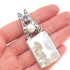 925 Sterling Silver Vintage Real MOP Pearl & Amethyst Floral Slide Pendant
