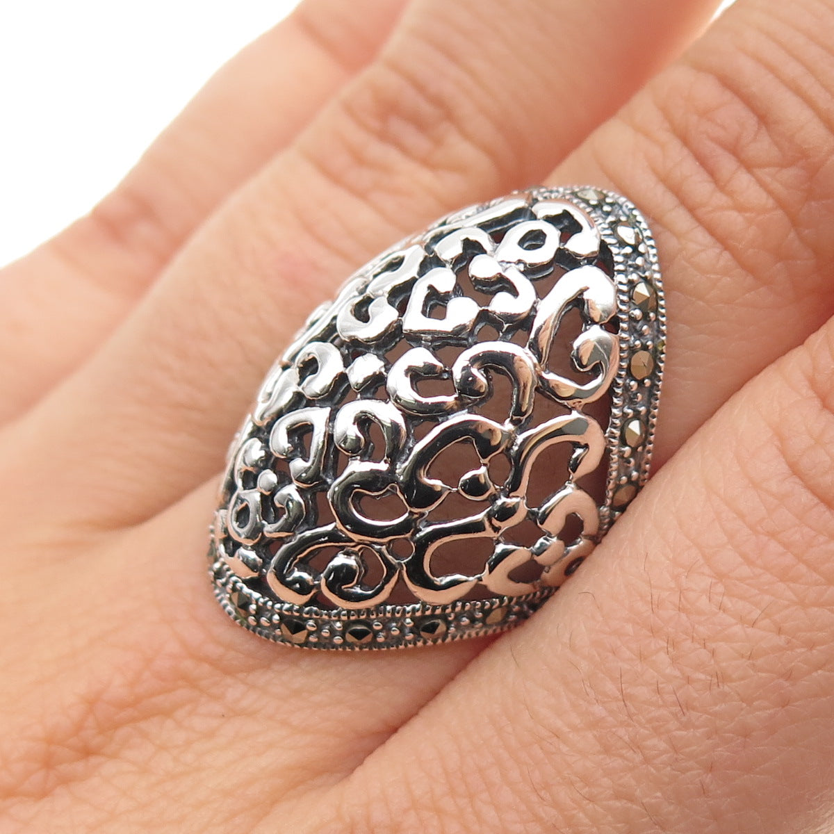 925 Sterling Silver Vintage Modernist Swirl Oxidized Ring Size 6