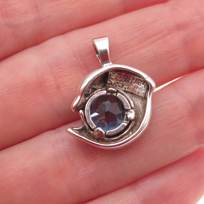 Gorham 925 Sterling Vintage Real Diamond Swiss Blue Topaz Dolphin Mini Pendant