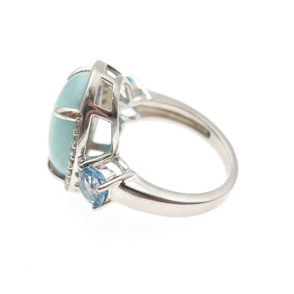925 Sterling Silver Real Larimar White & Blue Topaz Ring Size 6.25