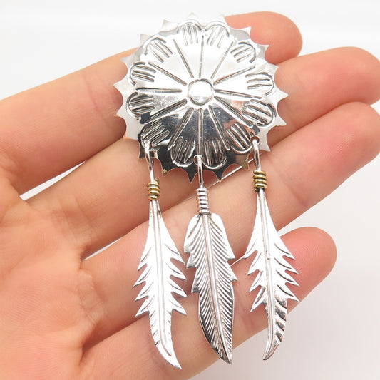925 Sterling Silver 2-Tone Vintage Mexico Concho Feather Pin Brooch