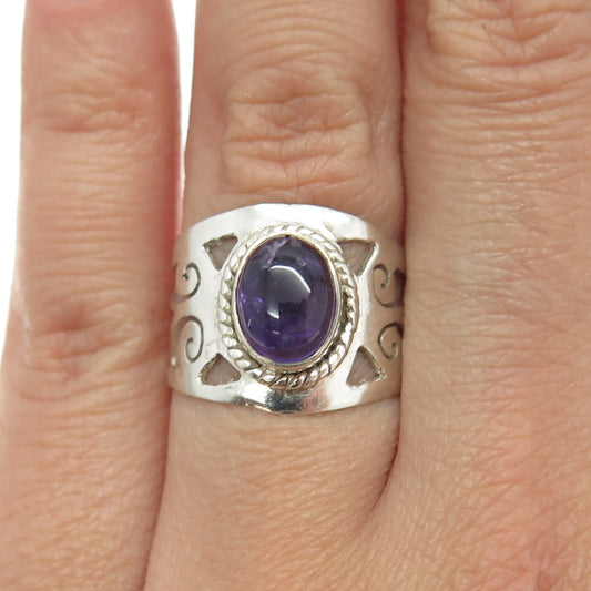 925 Sterling Silver Vintage Real Amethyst Ornate Ring Size 7