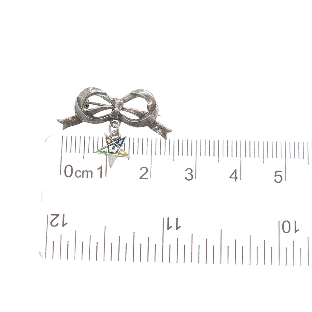 925 Sterling Silver Antique Enamel Bow Masonic Star Dangle Oxidized Brooch